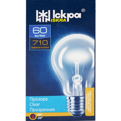 Электролампа лампа накаливания ИСКРА Б 230-60 Е27 цоколь Е27, мощность 60 Вт, рабочее напряжение 230 В в индивидуальной упаковке 1 шт