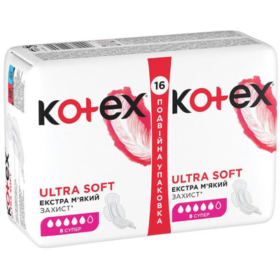 Прокладки гигиенические женские KOTEX (Котекс) Ultra Soft Super Duo (Ультра софт супер) 16 шт