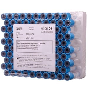 Пробирка вакуумная Vacumed 13 x 75 мм стерильная цитрат натрия 3,2% для 3,6 мл крови, коагуляция с светло-голубой крышкой артикул 42412 100 шт