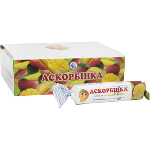 Диетическая добавка Аскорбинка таблетки со вкусом манго 12 упаковок по 10 таблеток (аскорбиновая кислота, витамин С)