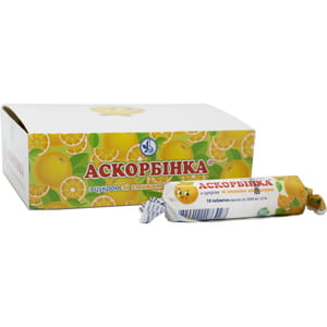 Дієтична добавка Аскорбінка таблетки зі смаком апельсину 12 упаковок по 10 шт (аскорбінова кислота, вітамін С)