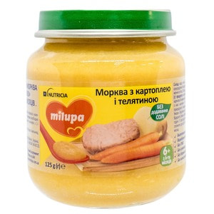 Пюре овочево-м'ясне дитяче Нутриція Milupa (Мілупа) Морква з картоплею та телятиною з 6 місяців 125 г