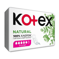 Прокладки гигиенические женские KOTEX (Котекс) Natural Super (Натурал супер) 7 шт