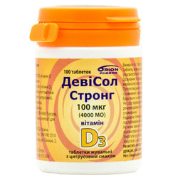 ДевиСол Стронг витамин Д3 таблетки жевательные с цитрусовым вкусом по 100 мкг (4000 МЕ)  бутылка 100 шт