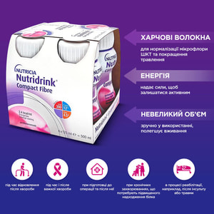 Продукт питания для специальных медицинских целей: энтеральное питание Nutridrink Compact Fibre (Нутридринк Компакт Файбер) со вкусом клубники 4х125мл