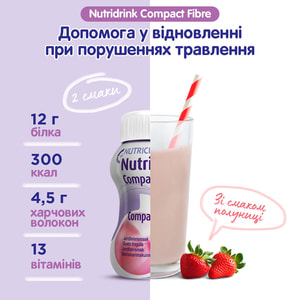 Продукт питания для специальных медицинских целей: энтеральное питание Nutridrink Compact Fibre (Нутридринк Компакт Файбер) со вкусом клубники 4х125мл