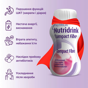 Продукт питания для специальных медицинских целей: энтеральное питание Nutridrink Compact Fibre (Нутридринк Компакт Файбер) со вкусом клубники 4х125мл