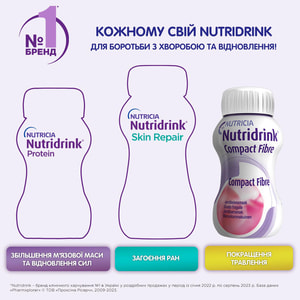 Продукт питания для специальных медицинских целей: энтеральное питание Nutridrink Compact Fibre (Нутридринк Компакт Файбер) со вкусом клубники 4х125мл