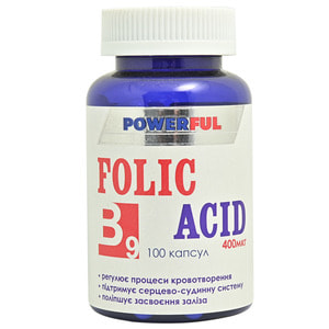 Фолієва кислота капсули POWERFUL (Поверфул) з вмістом фолієвої кислоти 400 мкг банка 100 шт