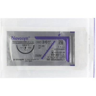 Шовный материал хирургический Novosyn (Новосин) (викрил) размер USP 2/0 (3) длина 70 см, игла колющая 37 мм, 1/2 круга, фиолетовый DDP C0068051