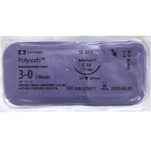 Шовний матеріал хірургічний ,що розсмоктується Polysorb (Полісорб) 3-0 з зворотньо-ріжучою голкою 24 мм довжина 75 см 3/8 незабарвлений SL-693 1 шт