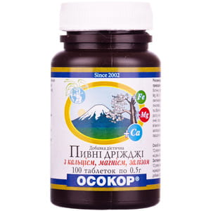 Дрожжи пивные с кальцием, магнием, железом таблетки по 0,5 г флакон 100 шт Осокор