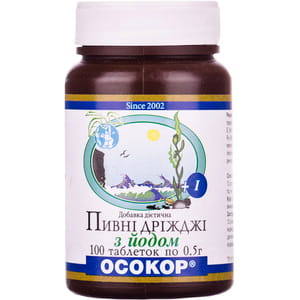 Дріжджі пивні з йодом таблетки по 0,5 г флакон 100 шт Осокор