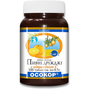 Дрожжи пивные с витамином С таблетки по 0,5 г флакон 100 шт Осокор