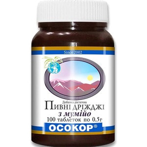 Дрожжи пивные с мумие таблетки по 0,5 г флакон 100 шт Осокор