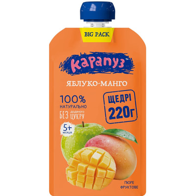 Пюре фруктовое детское КАРАПУЗ Яблоко и манго с 5-ти месяцев мягкая упаковка дой-пак 220 г