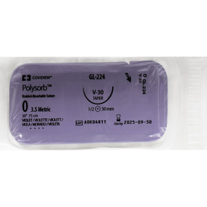 Шовний матеріал хірургічний ,що розсмоктується Polysorb (Полісорб) 0 з колючою голкою 30 мм довжина 75 см фіолетовий артикул GL-224***