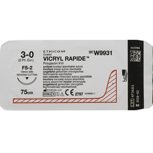 Шовный материал Vicryl (Викрил) Rapide размер USP 3/0, обратно-режущая игла 19 мм, 3/8 круга, длина 75 см артикул W9931