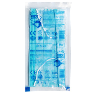 Маска медична захисна 3-х шарова нестерильна одноразова з гумовими завушниками 50 шт Євро-маска