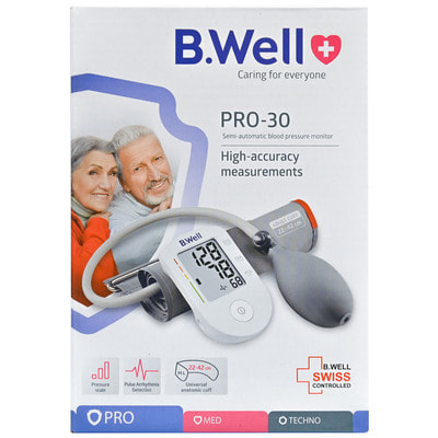 Измеритель (тонометр) артериального давления B.WELL (Б.Велл) модель PRO-30 полуавтоматический манжета размера М-L в комплекте с чехлом
