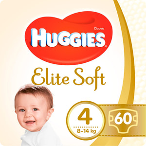 Підгузки для дітей HUGGIES (Хагіс) Elite Soft (Еліт софт) 4 від 8 до 14 кг 60 шт