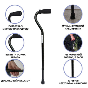 Трость алюминиевая дугоподобная Doctor Life (Доктор Лайф) модель 10100/C/E/BL телескопическая цвет черный 1 шт НДС