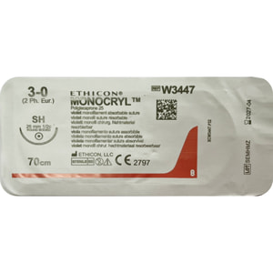 Шовный материал рассасывающийся Monocryl (Монокрил) размер USP 3-0, с обратно-режущей иглой 26 мм, 1/2 круга, длина 70 см W3447