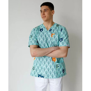 Костюм медичний чоловічий з принтом Граніт Лісові звірята білий розмір 52