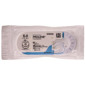 Шовный материал нерассасывающийся Prolene (Пролен) размер USP 5-0, 2 колющие иглы 17 мм, 1/2 круга, длина 90 см артикул W8556