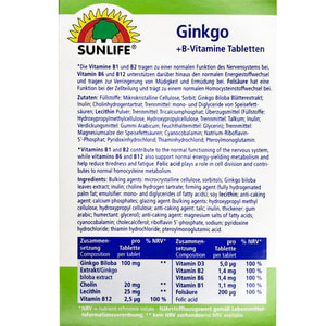 Вітаміни SUNLIFE (Санлайф) Ginkgo + B-Vitamine Гінкго з вітамінами В таблетки упаковка 32 шт