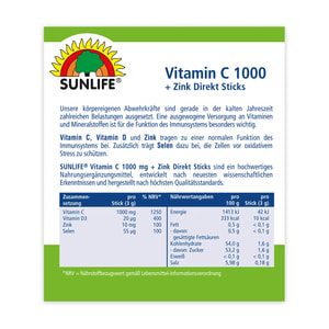 Вітаміни SUNLIFE (Санлайф) Vitamin C Вітамін С 1000 + Zink Цинк Direkt Sticks в стіках по 3 г 20 шт