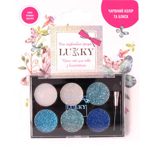 Крем-тіні для повік LUKKY (Лакі) дитячі з блискітками та аплікатором кольори: синій, блакитний, бірюзовий, колір морської хвилі, перламутровий 6 шт