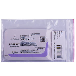 Шовний матеріал що розсмоктується Вікрил розмір USP 1 довжина 2.5 м, без голки артикул W9001