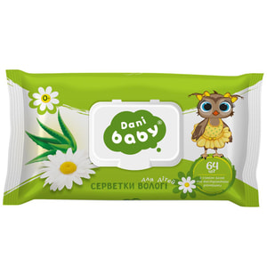 Серветки вологі для дітей DANI BABY (Дані Бебі) з екстрактом ромашки та алое вера з клапаном 64 шт