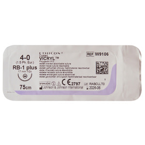 Шовний матеріал що розсмоктується Вікрил розмір USP 4/0, колюча голка 17 мм, 1/2 кола, довжина 75см артикул W9106