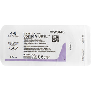 Шовний матеріал що розсмоктується Вікрил розмір USP 4/0, ріжуча голка 16 мм, 3/8 кола, довжина 75см артикул W9443