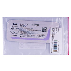 Шовний матеріал що розсмоктується Вікрил розмір USP 2/0, колюча голка 31 мм, 1/2 кола, довжина 75см артикул W9136