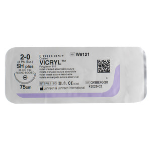 Шовний матеріал що розсмоктується Вікрил розмір USP 2/0, колюча голка 26 мм, 1/2 кола, довжина 75см артикул W9121