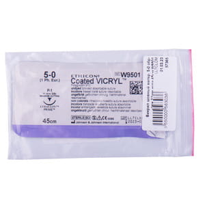 Шовний матеріал що розсмоктується Вікрил розмір USP 5/0, зворотньо-ріжуча голка 11 мм, 3/8 кола, довжина 45см артикул W9501