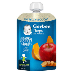 Пюре фруктово-овочеве дитяче NESTLE GERBER (Нестле Гербер) Яблуко, морква та гарбуз з 6-ти місяців м'яка упаковка 150 г