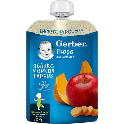 Пюре фруктово-овочеве дитяче NESTLE GERBER (Нестле Гербер) Яблуко, морква та гарбуз з 6-ти місяців м'яка упаковка 150 г