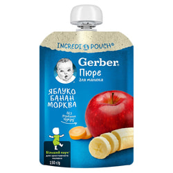 Пюре фруктово-овочеве дитяче NESTLE GERBER (Нестле Гербер) Яблуко, банан та морква з 6-ти місяців м'яка упаковка 150 г