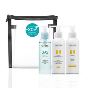 Набор №1 BABE LABORATORIOS (Бабе Лабораториос) Гель мицеллярный 100 мл + Мыло на основе масел 100 мл + Лосьон для тела 100 мл с косметичкой
