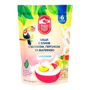 Каша молочна суха BIGGIDIGGI (БігіДігі) 5 злаків з яблуком, персиком та малиною для дітей з 6 місяців 200 г