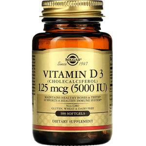 Витамин Д3 SOLGAR (Солгар) Vitamin D3 (Cholecalciferol) 125 mcg (5,000 IU) капсулы желатиновые по 5000 МЕ флакон 100 шт