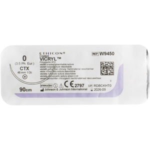 Шовний матеріал що розсмоктується Вікрил розмір USP 0, колюча голка 48 мм, 1/2 кола, довжина 90см артикул W9450