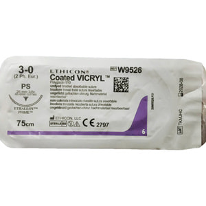 Шовний матеріал що розсмоктується Вікрил розмір USP 3/0, зворотньо-ріжуча голка 26 мм, 3/8 кола, довжина 75 cм артикул W9526