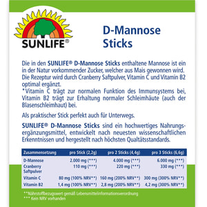 Витамины SUNLIFE (Санлайф) D-Mannose Sticks Д-манноза поддержка иммуной системы и мочевого пузыря порошок в стиках по 2.2 г 20 шт