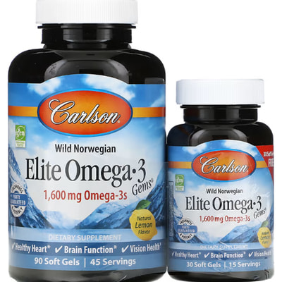 Еліт Омега-3 CARLSON (Карлсон) Elite Omega-3 капсули м’які 1600 мг з натуральним лимонним смаком флакон 90 + 30 шт