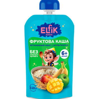 Пюре фруктовое детское ELFIK MAGIC (Эльфик меджик) Витаминый микс яблоко, банан, персик, манго с мультизлаковой кашей Doy-Pack 110 г